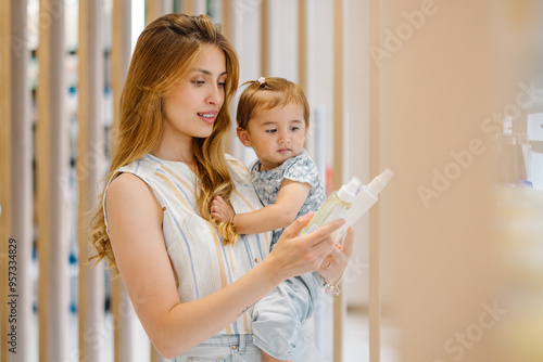 Mother and child exploring product options in modern pharmacy photo