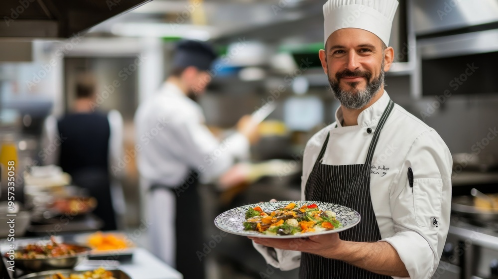 Chef Presenting Gourmet Dish in Restaurant Kitchen Chef Presenting Gourmet Dish in Restaurant Kitchen