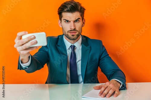 Close-up portrait of a young stubbled businessman in the office, holding a business card and a mobile phone, frustratedly spreading his hands to the camera photo