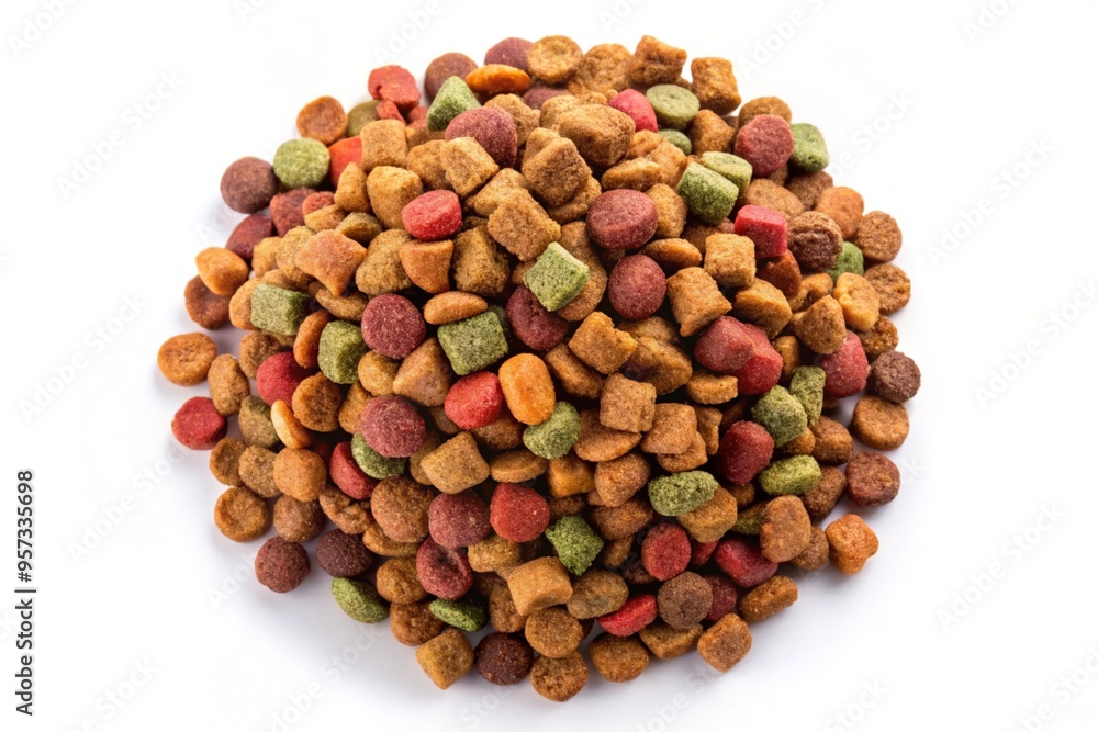 Pile dry dog food isolated on white background, top view Pile dry dog food isolated on white background, top view