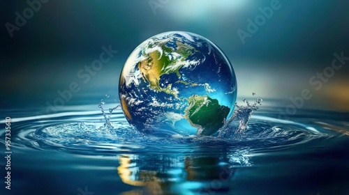 Earth Floating on Water Surface with Splash