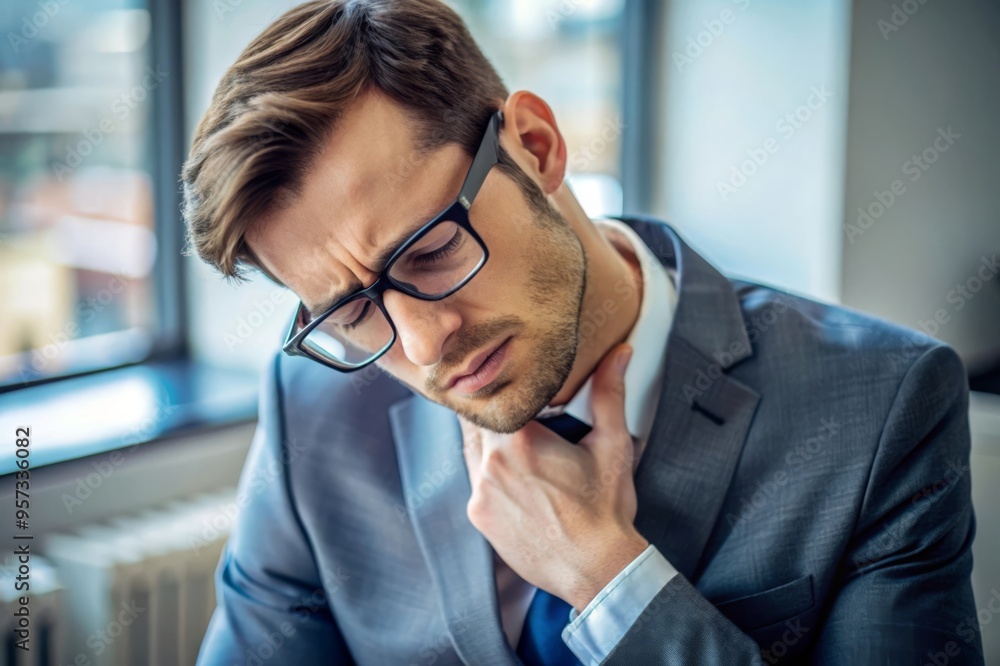 Close-up photo of a young businessman in glasses who is in the office, sits and holds his hand to his throat, feels severe pain Close-up photo of a young businessman in glasses who is in the office, sits and holds his hand to his throat, feels severe pain