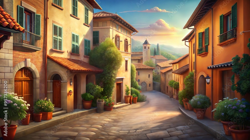 Fototapeta premium Scenic street view with vibrant plants and historical buildings in a warm evening light 