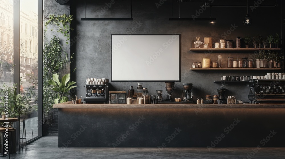 A blank menu board behind the counter in a chic cafa A blank menu board behind the counter in a chic cafa