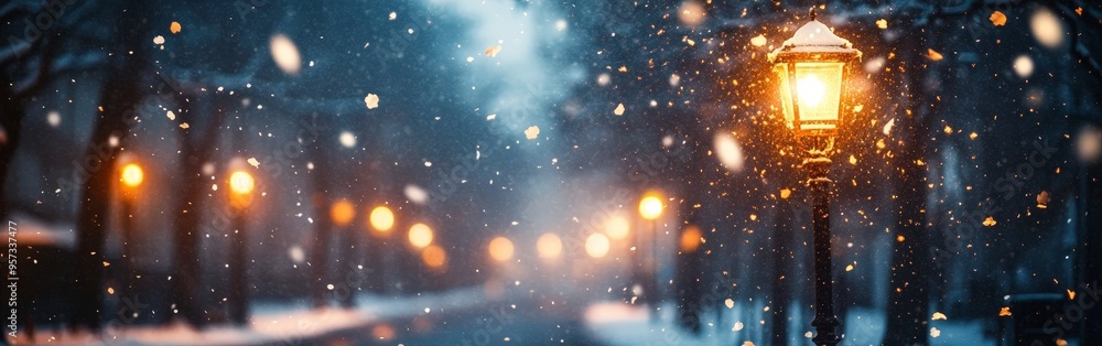 Magical Night Snowfall with Warm Streetlight Glow Magical Night Snowfall with Warm Streetlight Glow