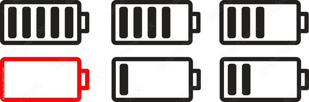 Battery Icon Set - High-Resolution Vector Collection for Battery Levels, Charging Status, and Power Indicators, Ideal for UI Design and Digital Interfaces Battery Icon Set - High-Resolution Vector Collection for Battery Levels, Charging Status, and Power Indicators, Ideal for UI Design and Digital Interfaces