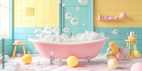 Cheerful bathroom with a pastel pink clawfoot tub overflowing with bubbles, surrounded by colorful decor, creating a fun and playful atmosphere
