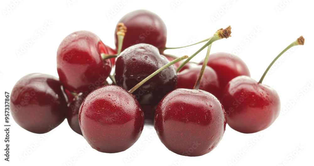 Fresh red cherries clustered together isolated on transparent background Fresh red cherries clustered together isolated on transparent background