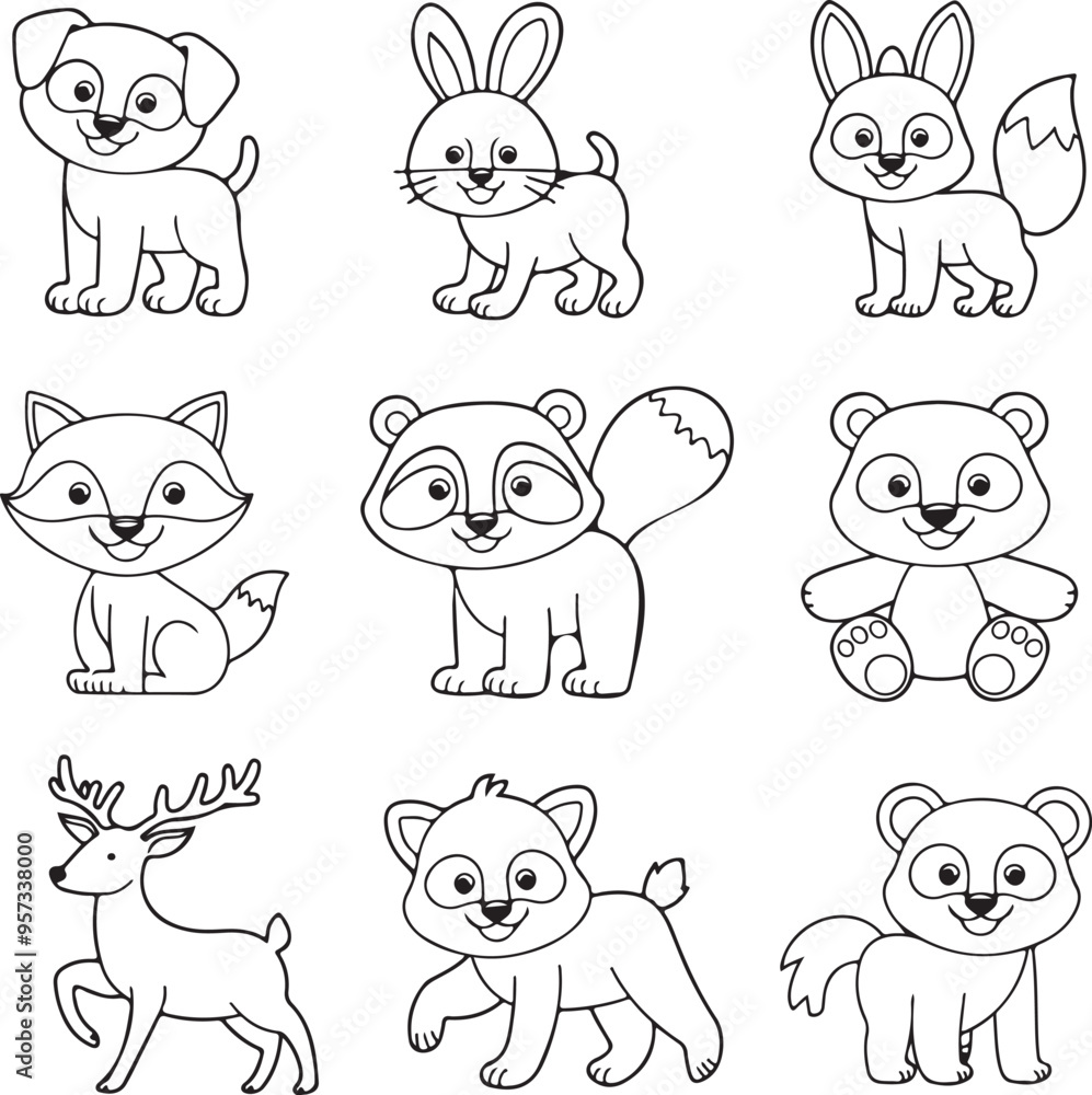 Obraz premium Cartoon style single line art Animals picture set, generative AI