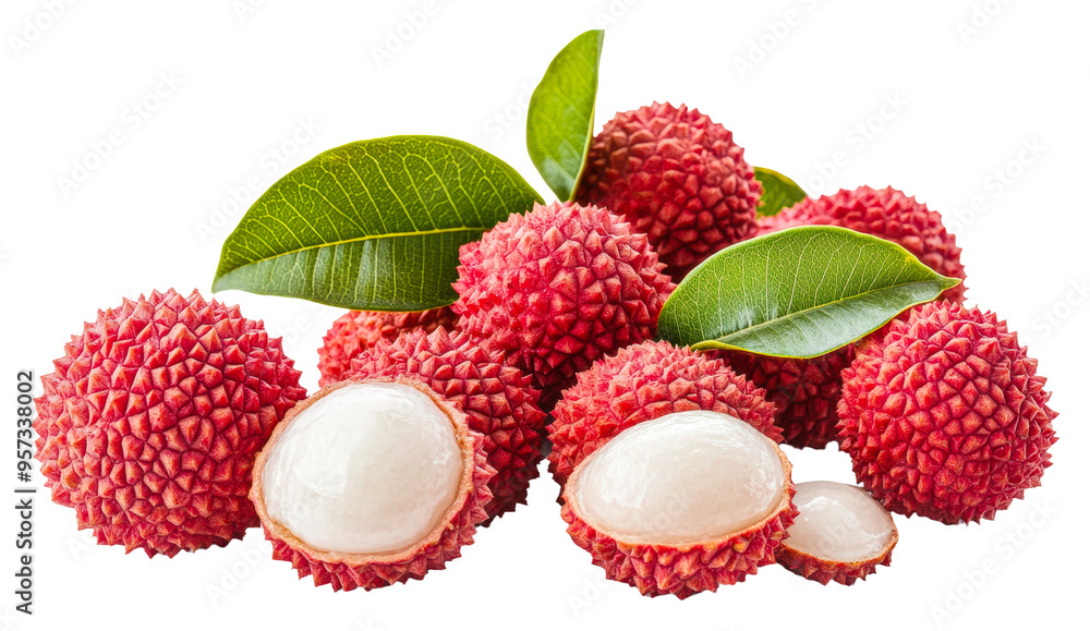 Fresh lychees with green leaves isolated on transparent background Fresh lychees with green leaves isolated on transparent background
