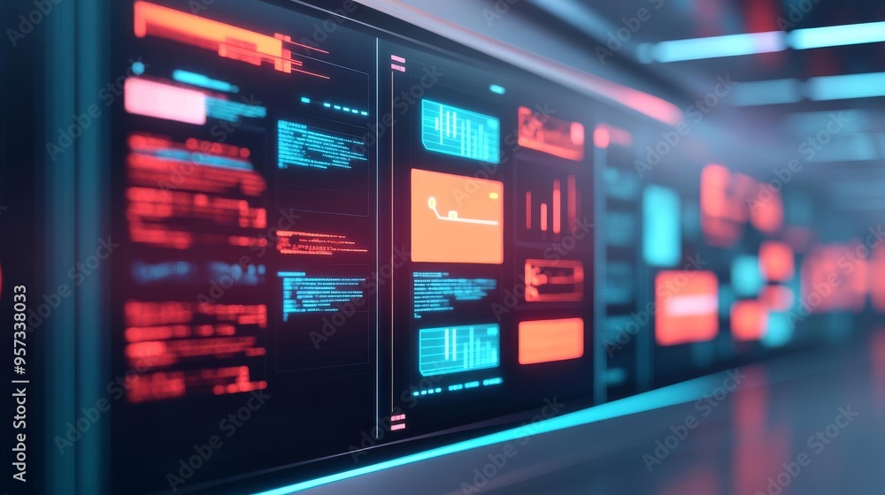 Virtual reality support, hologram panels, modern corporate environment Virtual reality support, hologram panels, modern corporate environment