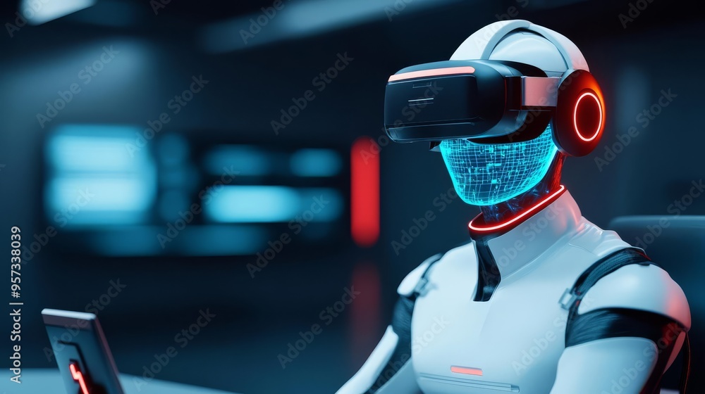 Virtual reality support, hologram service desk, advanced tech elements Virtual reality support, hologram service desk, advanced tech elements