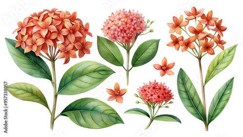 Floral clipart set: red and pink flowers and ixora inflorescences. Ideal for greetings, cards, packaging, spring designs, botanical illustrations and creative projects.