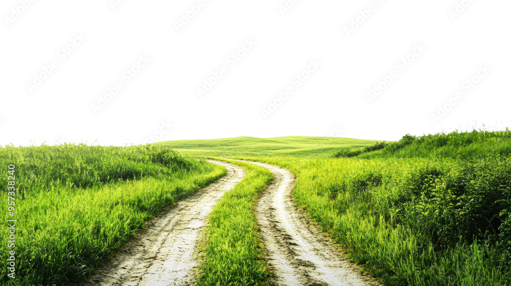 Winding dirt path through lush green fields on a sunny day isolated on transparent background Winding dirt path through lush green fields on a sunny day isolated on transparent background