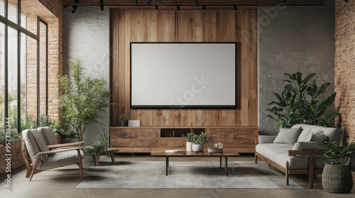 A blank screen TV mounted on a wall in a modern living room