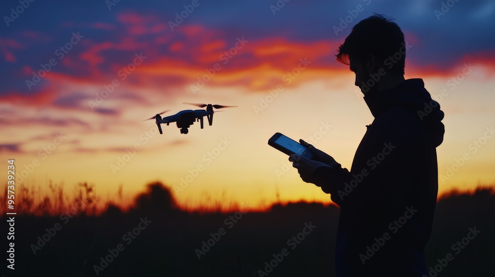 Silhouette of a Drone Operator at Sunset Silhouette of a Drone Operator at Sunset