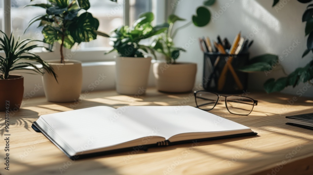 A clean workspace with a blank notebook open for note-taking app mockup A clean workspace with a blank notebook open for note-taking app mockup