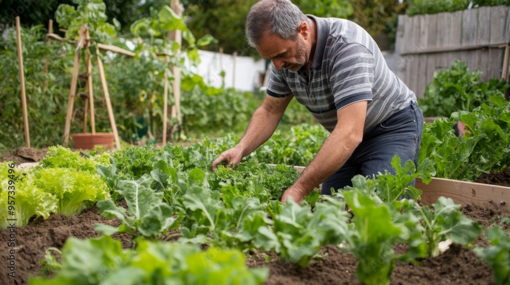 Man Tending to Home Vegetable Garden Man Tending to Home Vegetable Garden