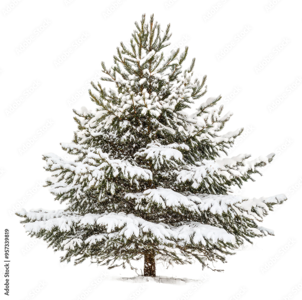Snow-covered evergreen tree standing alone in winter landscape isolated on transparent background Snow-covered evergreen tree standing alone in winter landscape isolated on transparent background