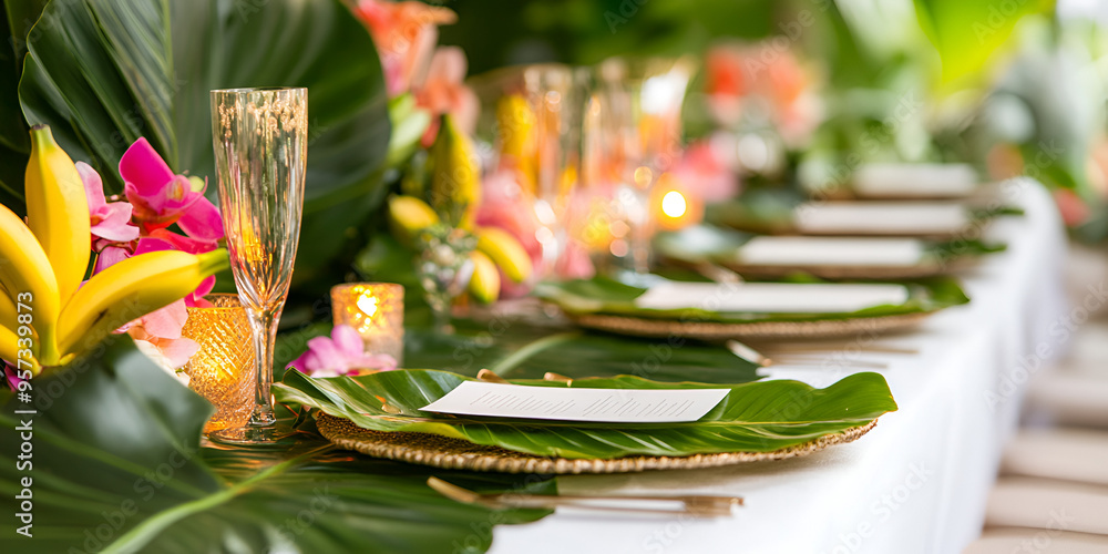 Dinner Party Table Set with Plates, Napkins, and Glasses on Green Tablecloth Dinner Party Table Set with Plates, Napkins, and Glasses on Green Tablecloth
