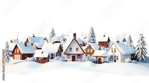 Charming winter village covered in snow during a peaceful morning isolated on transparent background
