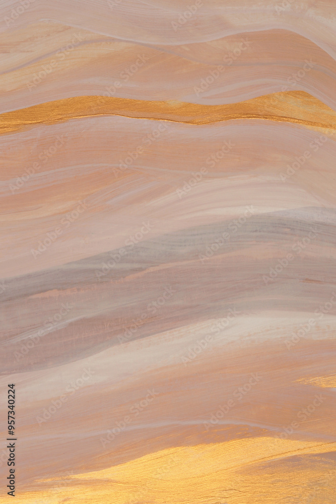 Obraz premium Art Watercolor and Acrylic brushstroke smear wave lines painting wall. Abstract texture beige, Gold, bronze, beige pastel color stain background.