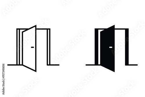 icon set open door in striped and black style on white backround