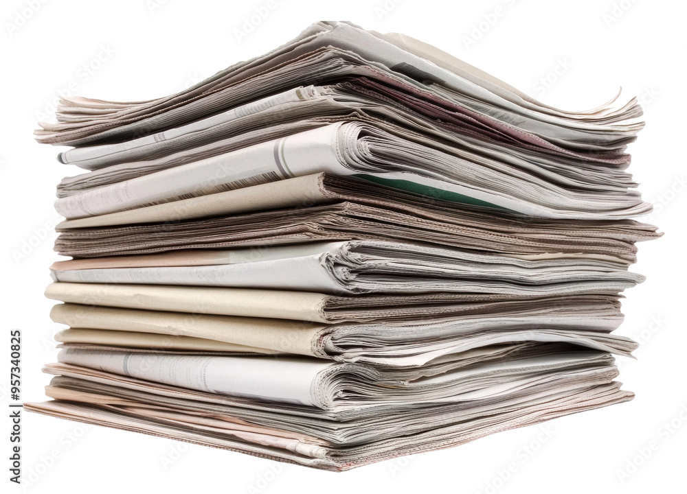 Stack of old newspapers ready for recycling at a local facility isolated on transparent background Stack of old newspapers ready for recycling at a local facility isolated on transparent background