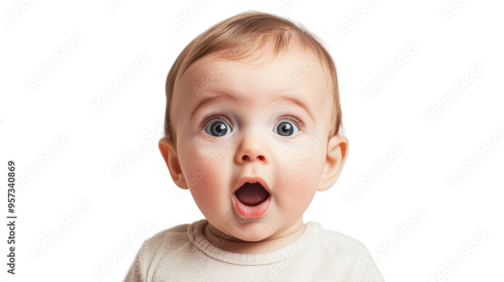 Baby showing surprise with wide eyes and open mouth indoors isolated on transparent background Baby showing surprise with wide eyes and open mouth indoors isolated on transparent background