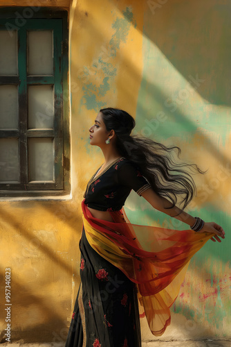 A woman in a black and yellow sari is standing in front of a yellow wall