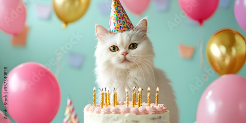 White Cat in Party Hat Sitting in Front of Pink Birthday Cake with Candles