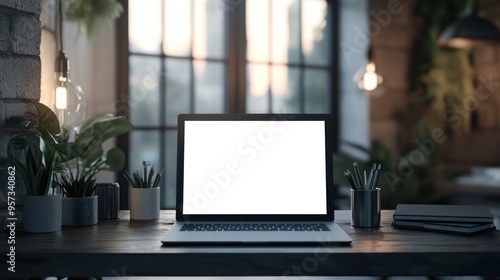 A modern office desk with a blank laptop screen ready for a website mockup