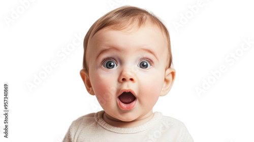 Baby showing surprise with wide eyes and open mouth indoors isolated on transparent background