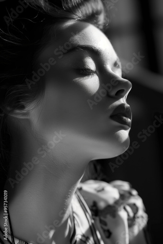 A woman with long hair and a black and white photo of her