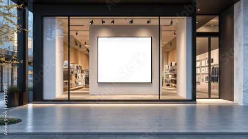 A storefront window with a blank poster for retail advertising mockup