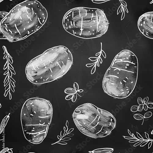 Seamless pattern of hand-drawn potatoes in white on a chalkboard-style black background, chalk illustration of potatoes