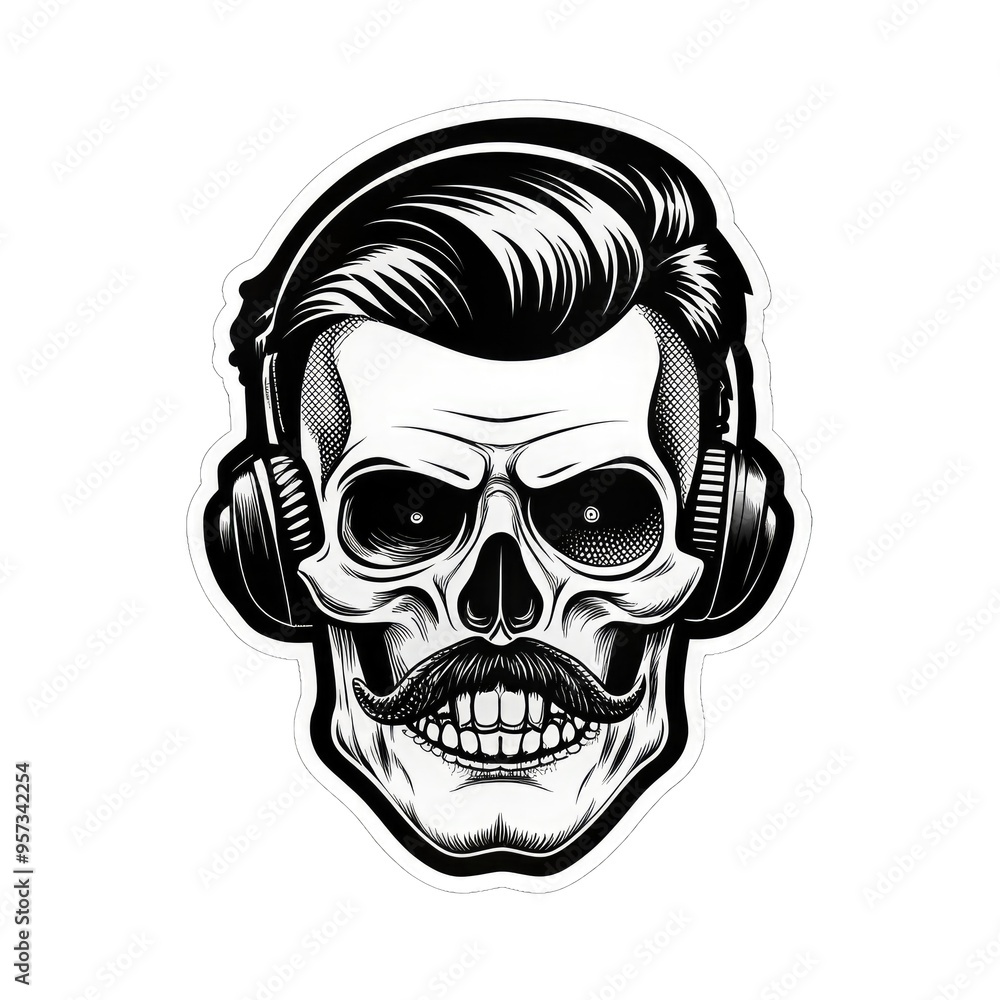 Fototapeta premium A strikingly detailed pop art sticker of a DJ skull adorned with a handlebar mustache and a stylish posh undercut haircut against a solid black background. Intricate Pop Art Sticker of DJ Skull with
