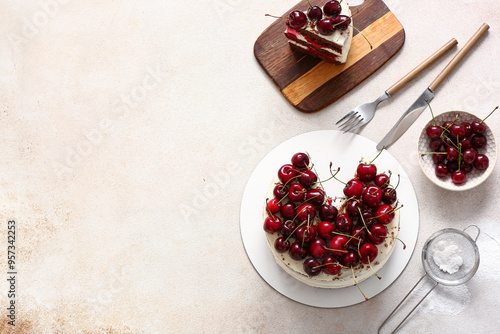 Tasty cherry cake on light ...