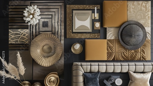 Art deco mood board with geometric patterns, metallic tones, and vintage glamour