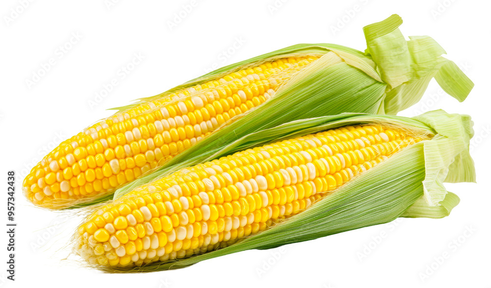 Freshly harvested corn cobs with green husks isolated on transparent background Freshly harvested corn cobs with green husks isolated on transparent background