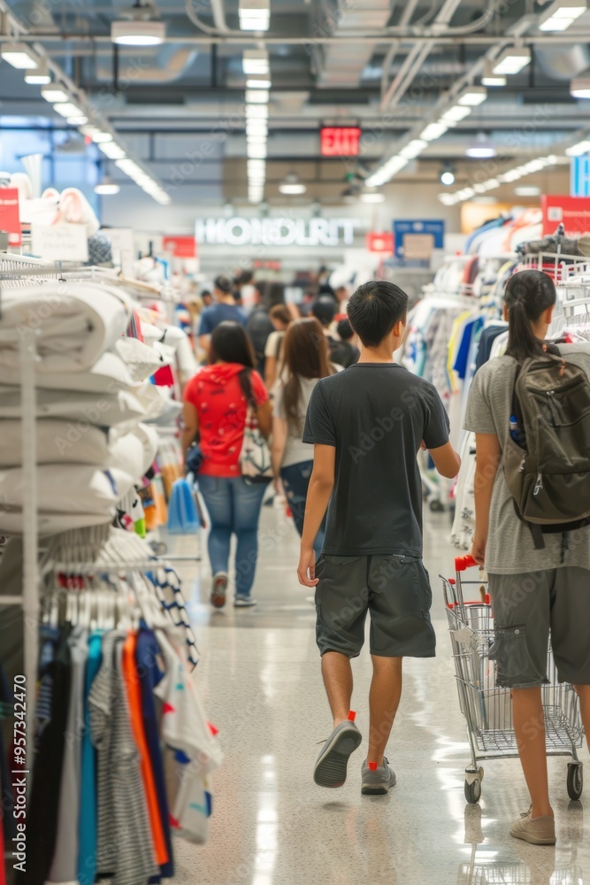 Obraz premium Back-to-School Shopping: Families Choosing Dorm Room Essentials in a Busy Department Store