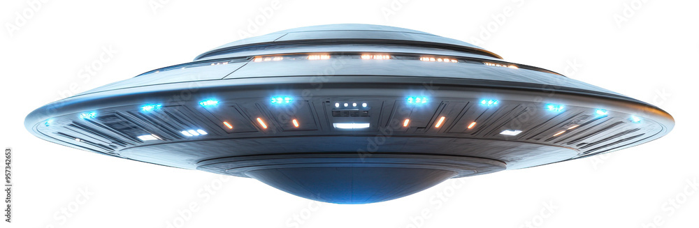 Futuristic UFO with glowing lights hovering in the night sky isolated on transparent background Futuristic UFO with glowing lights hovering in the night sky isolated on transparent background