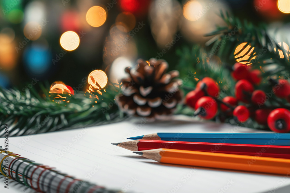 Close-up of colored pencils on a notebook with Christmas decorations in the background, festive concept, blurred lights and bokeh Close-up of colored pencils on a notebook with Christmas decorations in the background, festive concept, blurred lights and bokeh