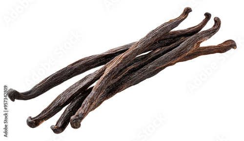 Vanilla bean pods arranged on a white surface for culinary use isolated on transparent background