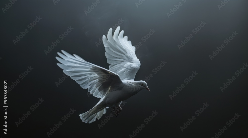 Obraz premium Flying Dove - Peace Symbol in Flight Against Black Background