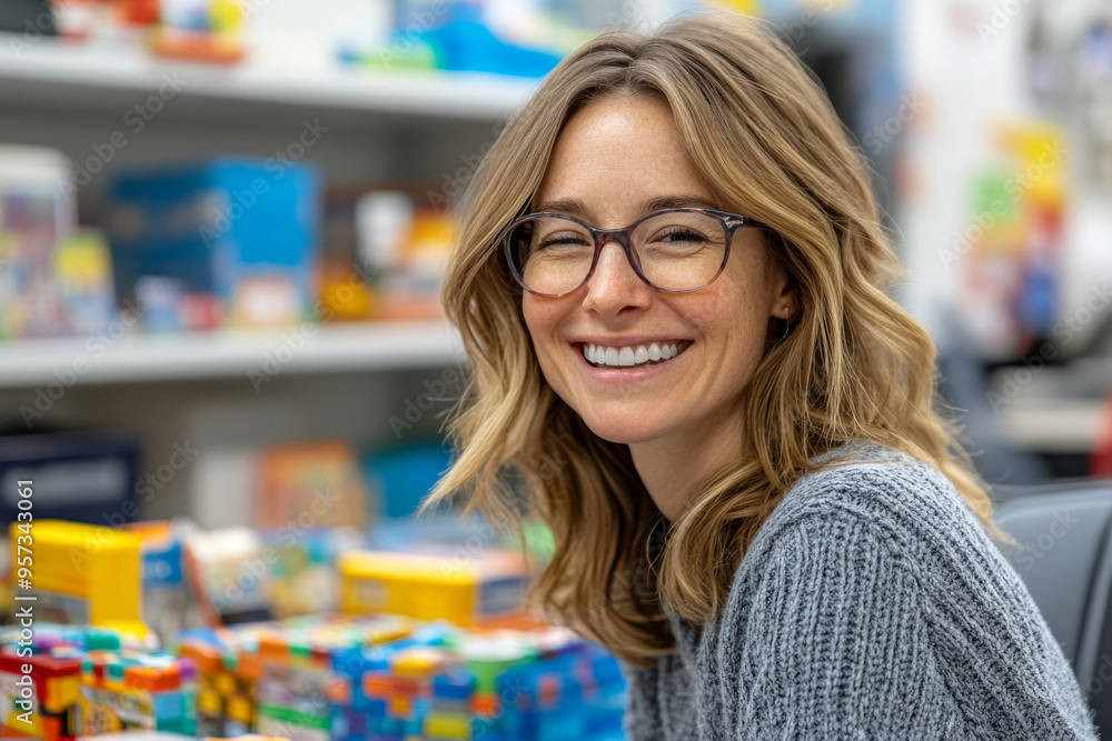 A woman with glasses is smiling and sitting in front of a pile of toys A woman with glasses is smiling and sitting in front of a pile of toys