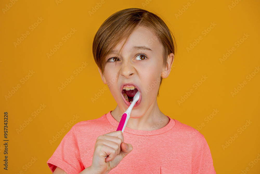 Boy toothbrush white toothpaste. Health care, dental hygiene. Child shows toothbrushes. Little boy cleaning teeth Boy toothbrush white toothpaste. Health care, dental hygiene. Child shows toothbrushes. Little boy cleaning teeth