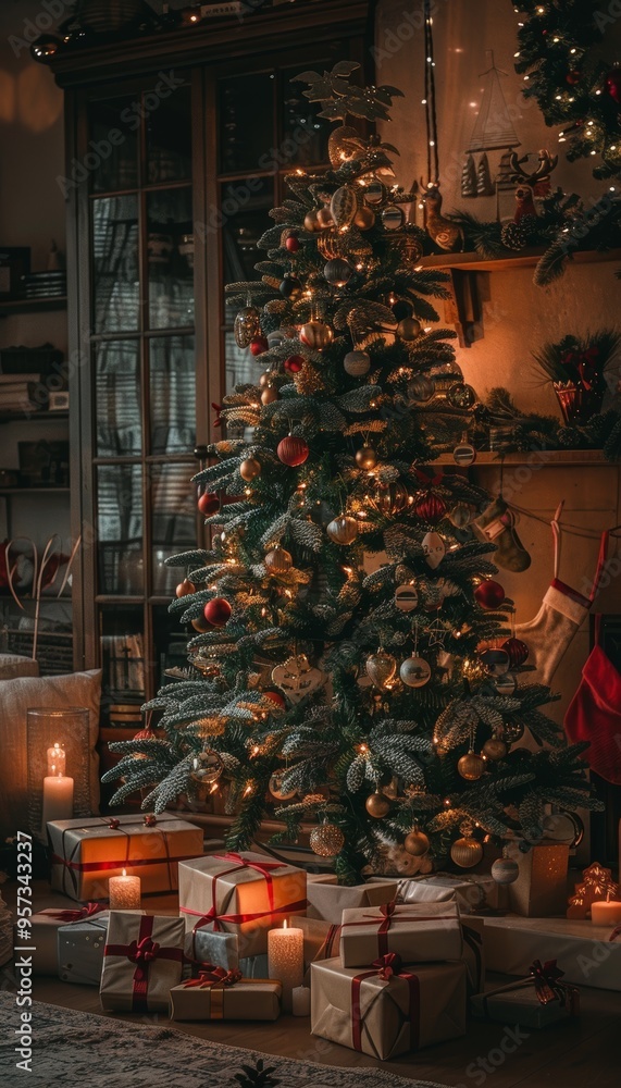 Beautifully Decorated Christmas Tree with Presents in a Cozy Holiday Living Room Beautifully Decorated Christmas Tree with Presents in a Cozy Holiday Living Room