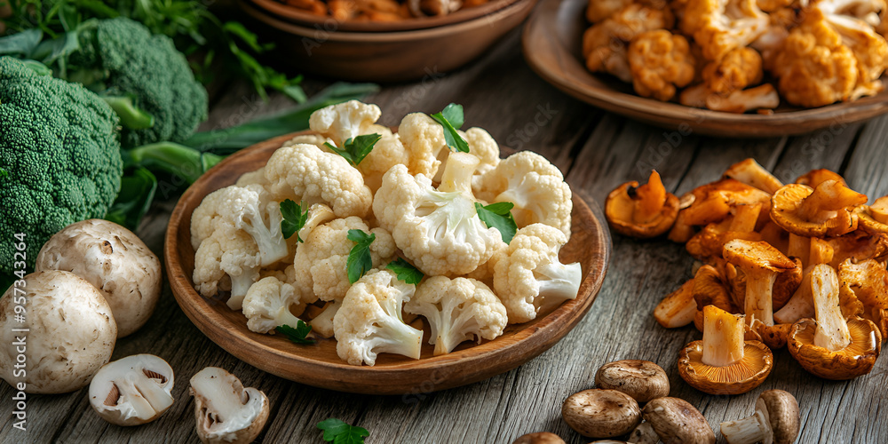 Wooden Table with Bowls of Cooked Cauliflower Garnished with Chopped Herbs Wooden Table with Bowls of Cooked Cauliflower Garnished with Chopped Herbs