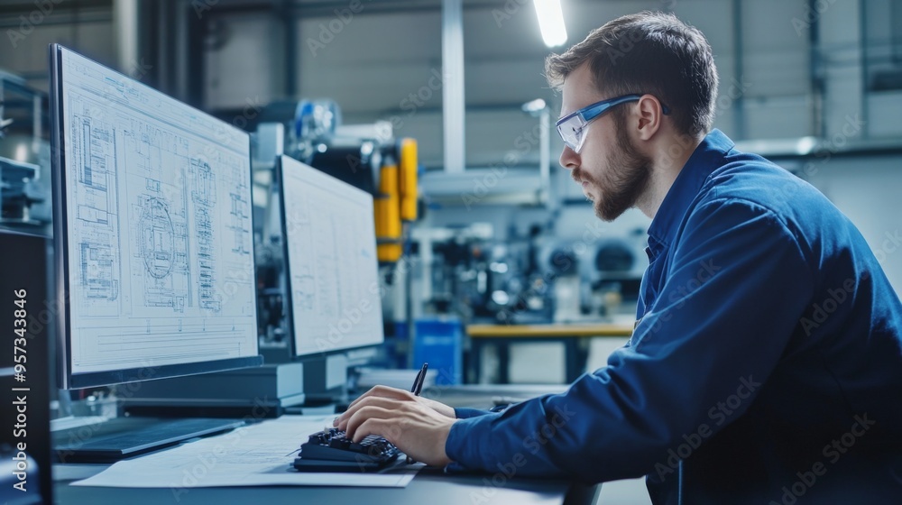 Engineer Working on Computer in Industrial Setting Engineer Working on Computer in Industrial Setting